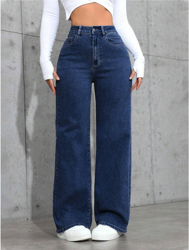 High-Waisted Wide Leg Blue Jeans, Casual Full-Length Denim Pants