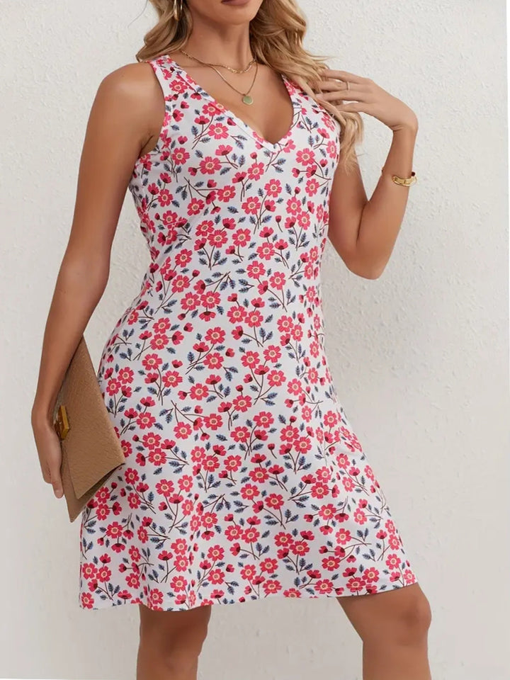 V-Neck Sleeveless Floral A-Line Midi Dress | Pink Cherry Blossom Romantic Midi