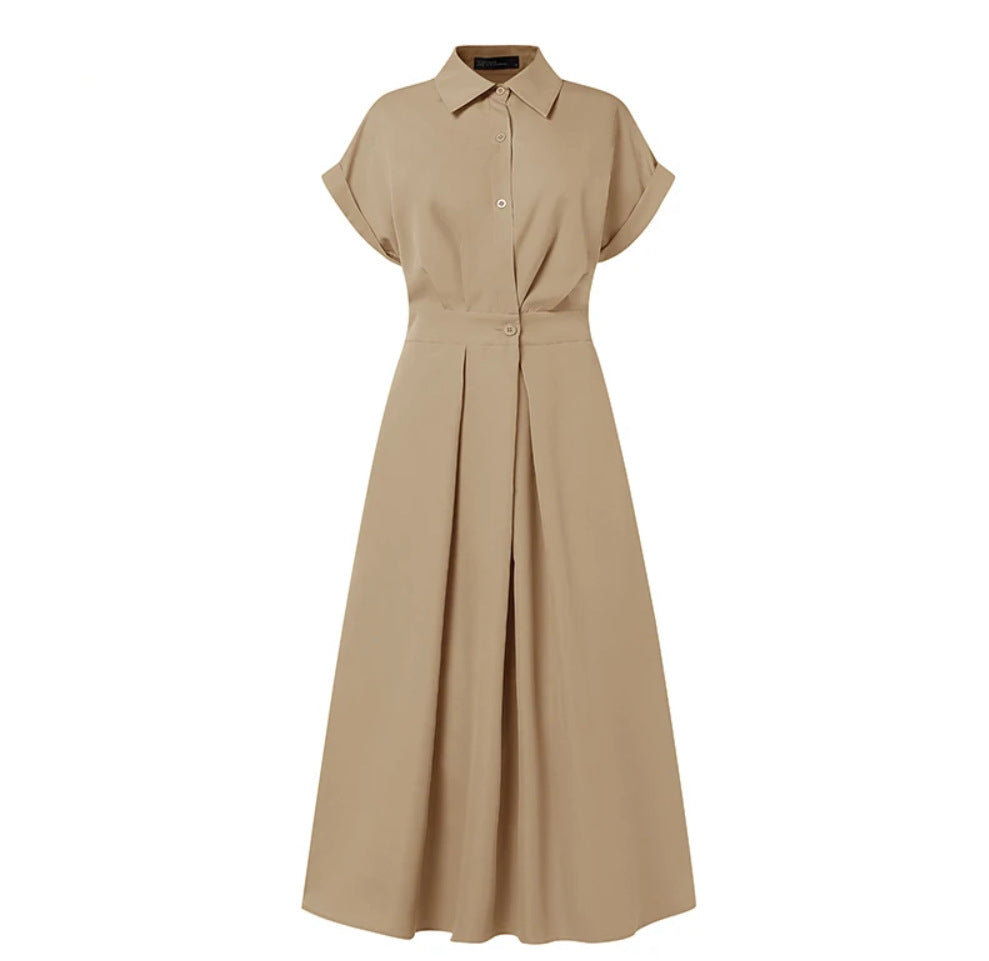 Solid Color Woven Collared Shirt Dress