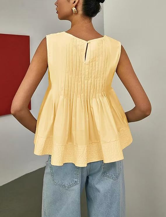 Pleated Peplum Sleeveless Blouse, Round Neck Flowy Summer Top