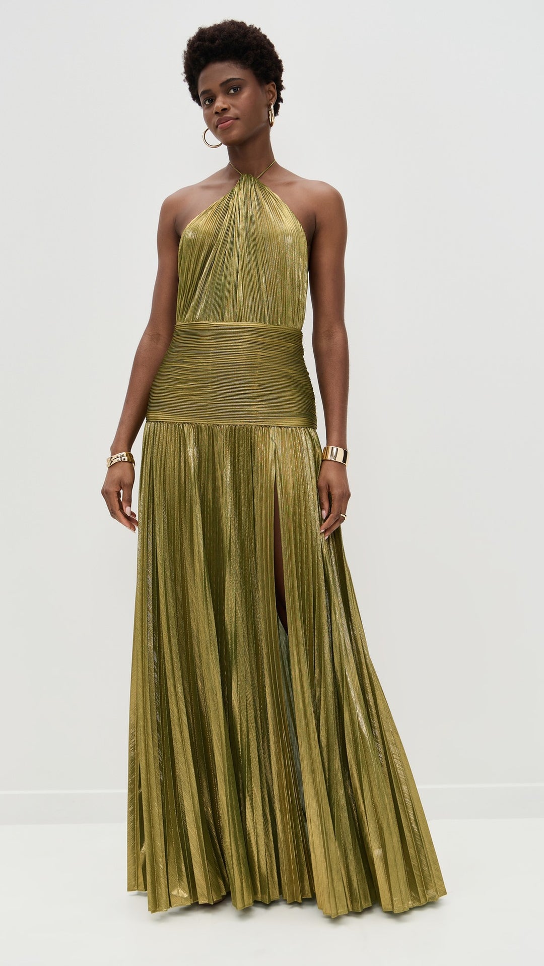 Metallic Olive Green Halter Neck Pleated Gown with High Slit