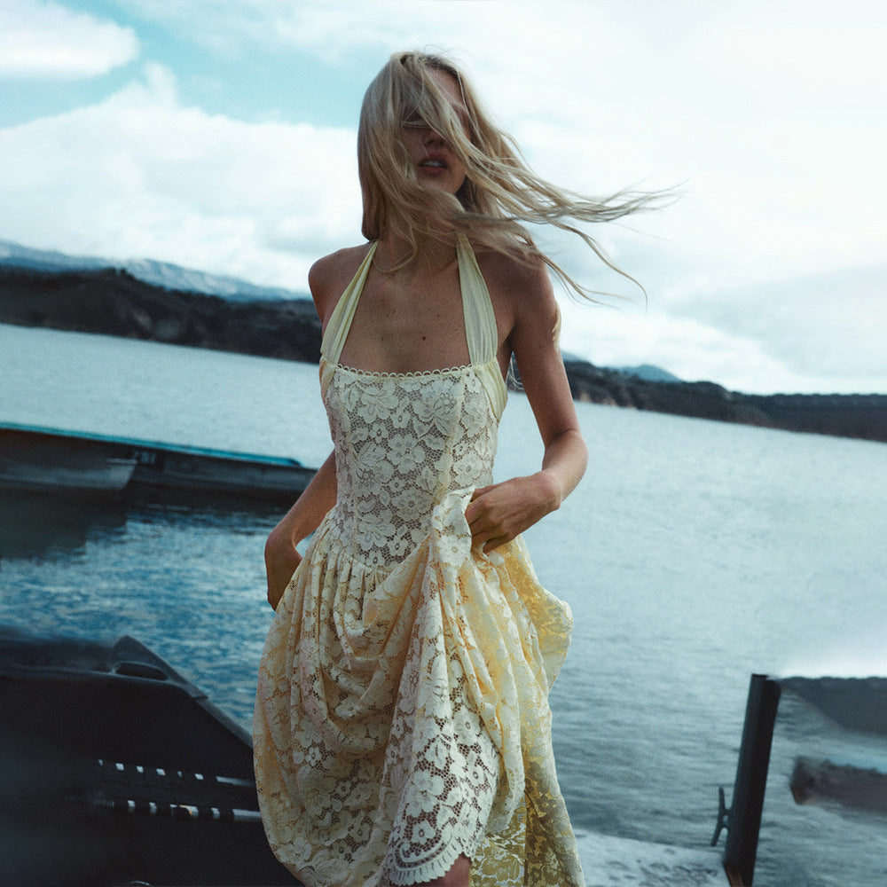 White Lace Halter Neck Midi Dress