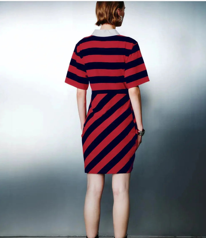 Red Navy Stripe Ruched Polo Mini Dress