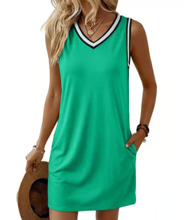 Contrast Piping Sleeveless V Neck Mini Athletic T-Shirt Dress With Pockets