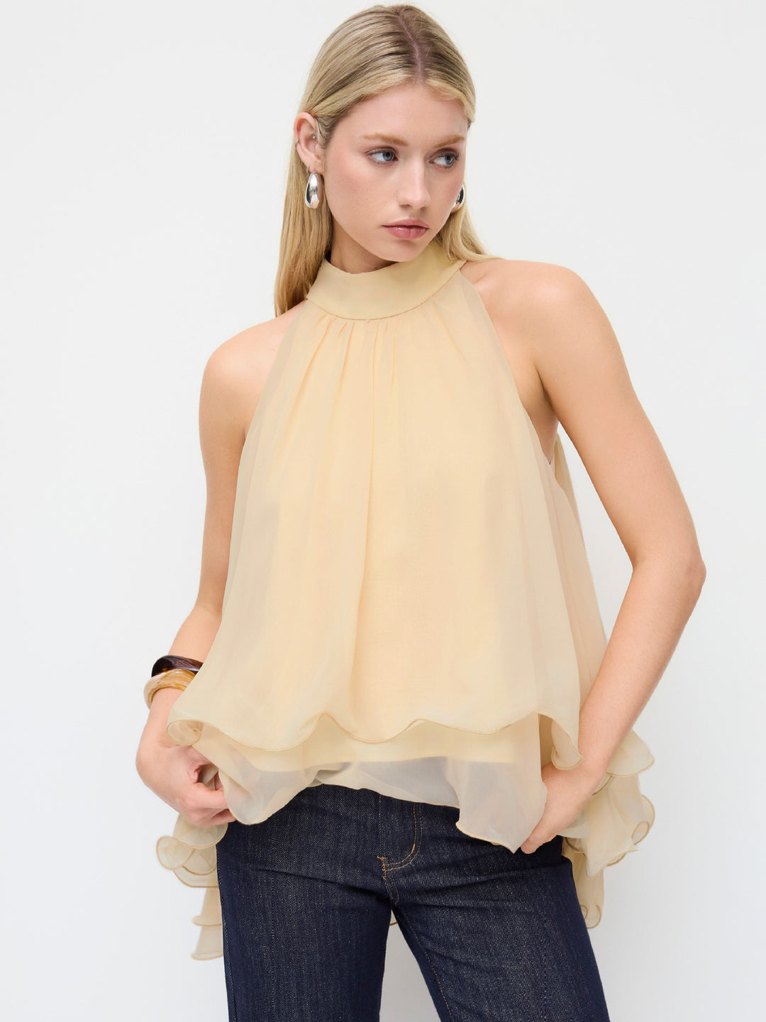Multi-Color Halter Neck Flowy Chiffon Top with Bow Detail, Sleeveless Ruffled Blouse for Women