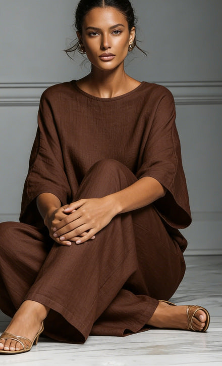 Linen Blend Oversized Top and Wide Leg Pants Two-Piece Set