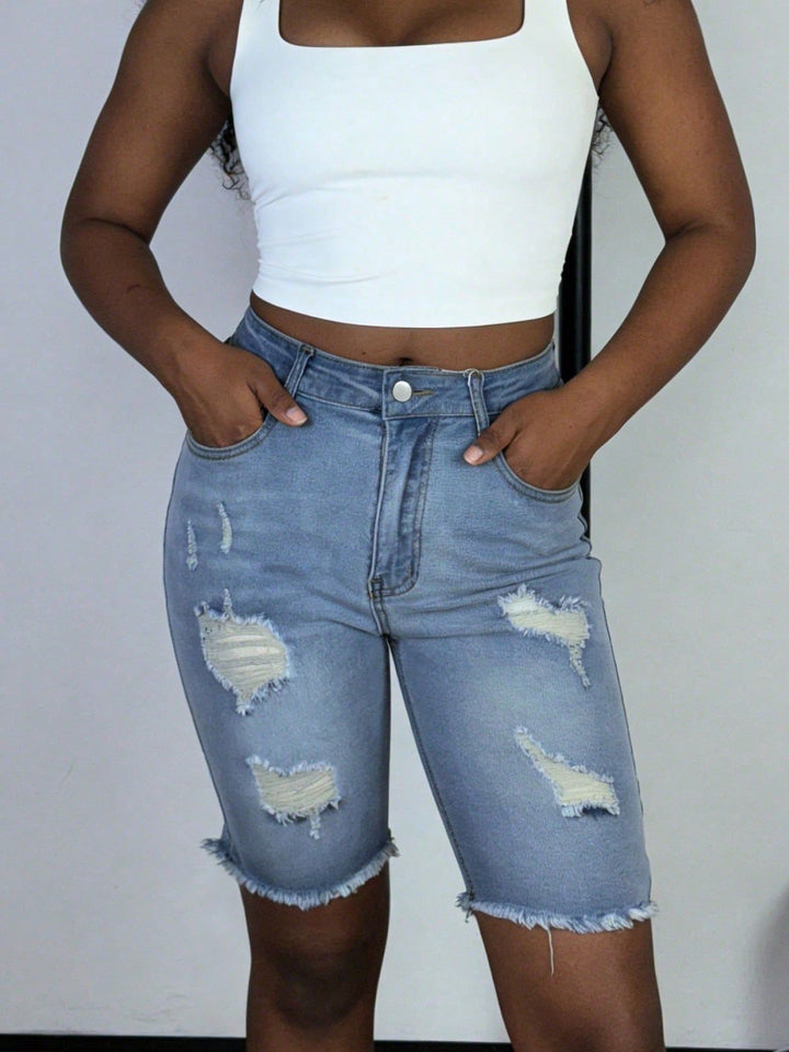 High Waist Light Wash Distressed Denim Bermuda Shorts