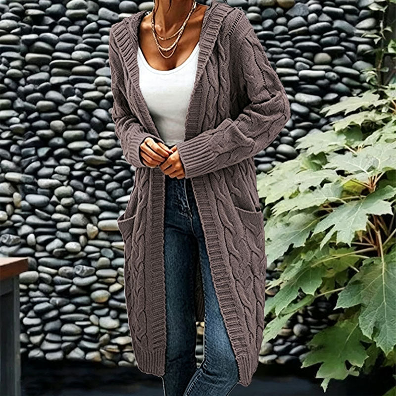 Solid-color hooded cable-knit mid-length cardigan