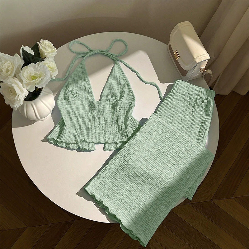 Halter-neck textured top and trousers set
