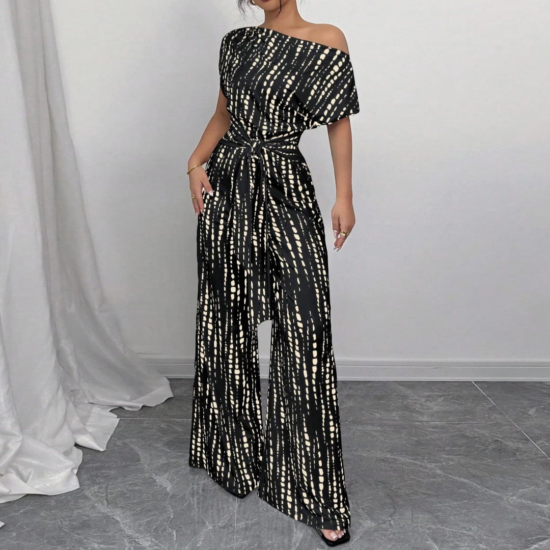 Off Shoulder Belted Wide Leg Jumpsuit