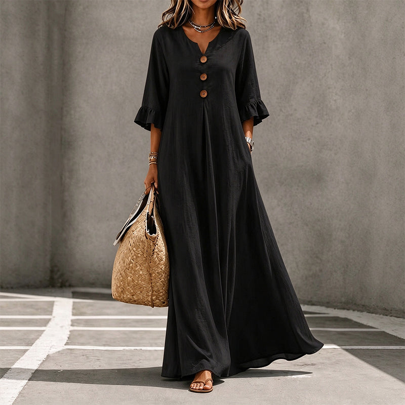 V-neck woven button-down ruffle sleeve long dress