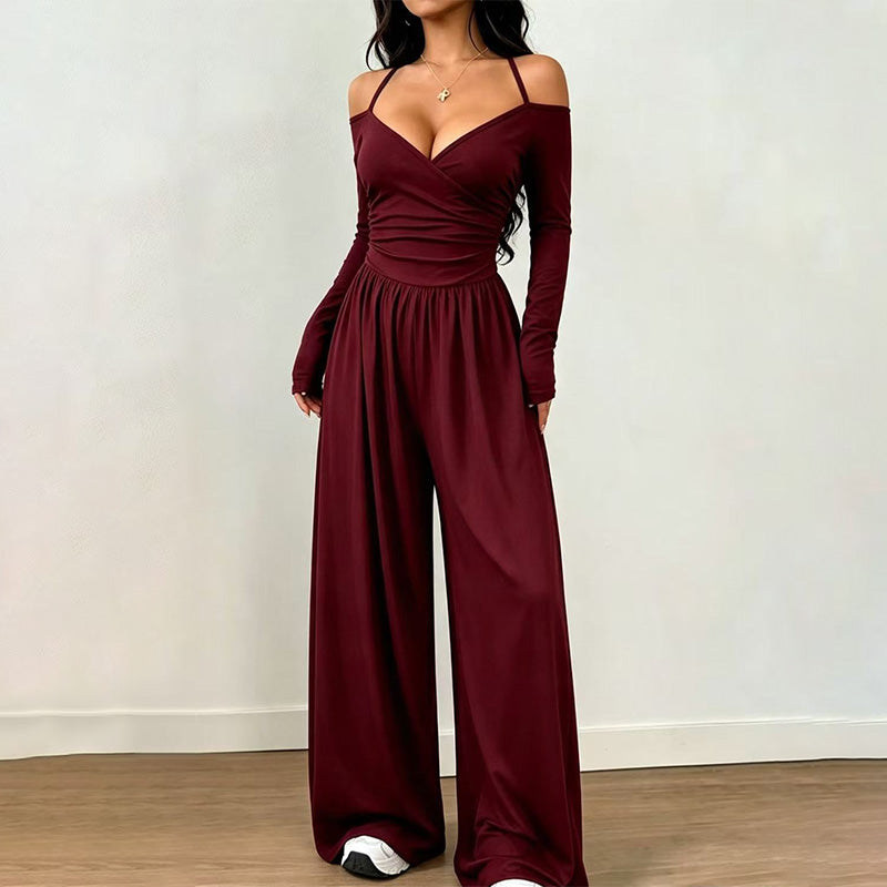 V-neck off-shoulder wide-leg jumpsuit