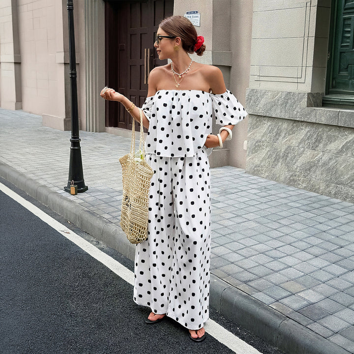 White Polka Dot Off-Shoulder Two-Piece Set