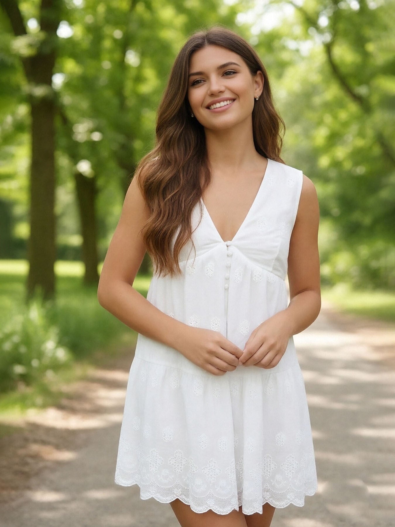 V-Neck Sleeveless Eyelet Embroidery Tiered Mini Dress | White Broderie Anglaise Babydoll