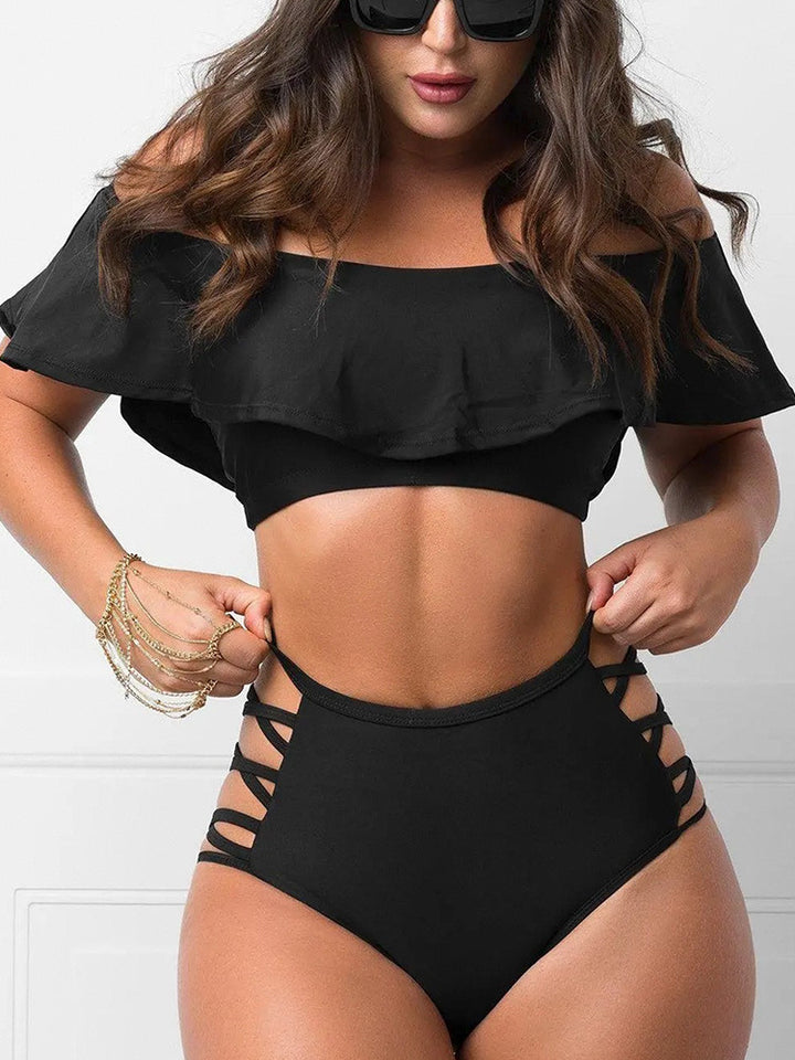 Off-Shoulder Ruffle Top &amp;amp; Strappy High-Waisted Bikini Set