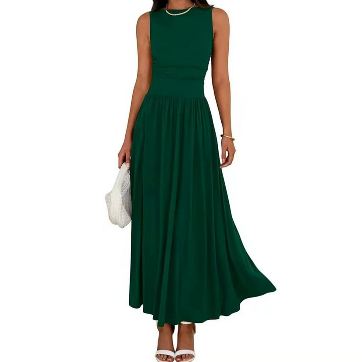 Round neck, side pleats, high-waisted maxi dress