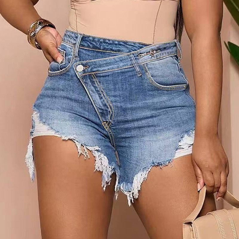 Crisscross Waist Ripped Denim Shorts, High-Waisted Distressed Jean Shorts with Raw Hem