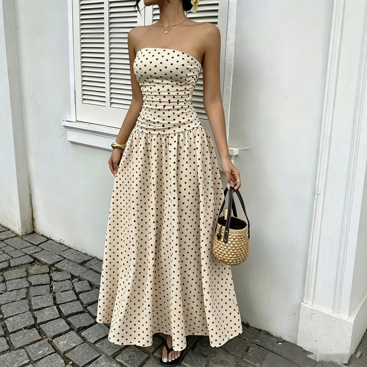 Retro Polka Dot Strapless Ruched Flowy Long Dress