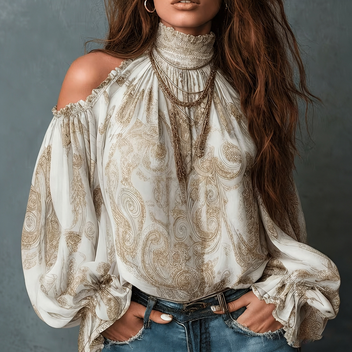 Cold Shoulder Ruffle High Neck Blouse