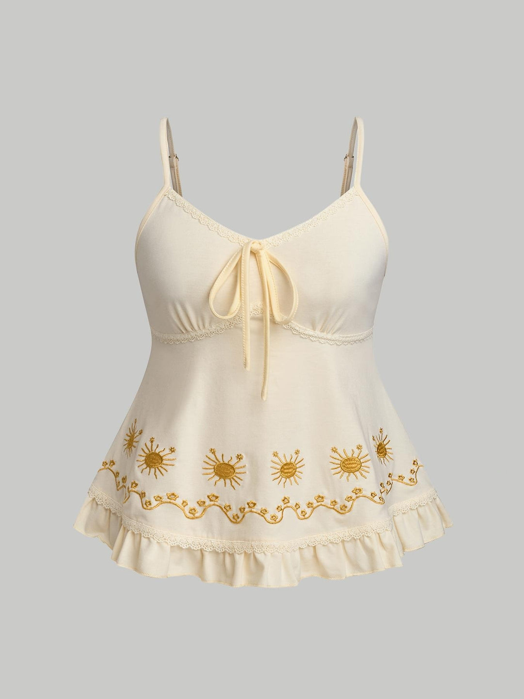 Embroidered Lace Trim Cami Top, Boho Peplum Spaghetti Strap Tank