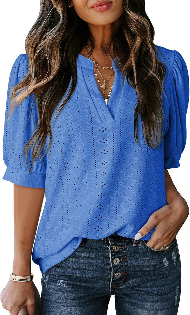 Eyelet Puff Sleeve Split Neck Blouse