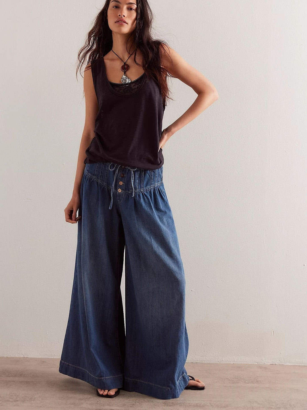 High-Waisted Denim Wide Leg Pants with Corset Waist
