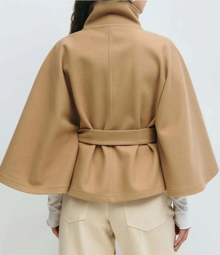 High-Neck Asymmetrical Button Cape Coat with Belt