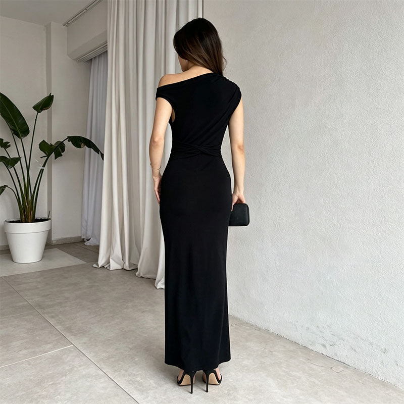 One-shoulder ruched and slit dress