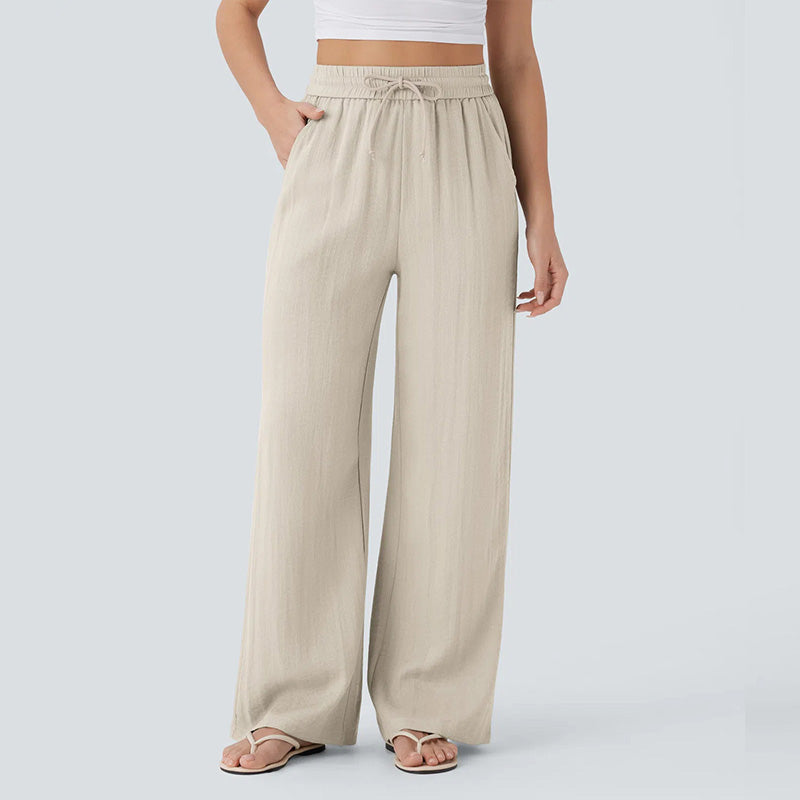 Casual linen high-waisted drawstring wide-leg pants