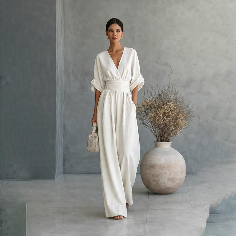 V-neck waist-cinching jumpsuit