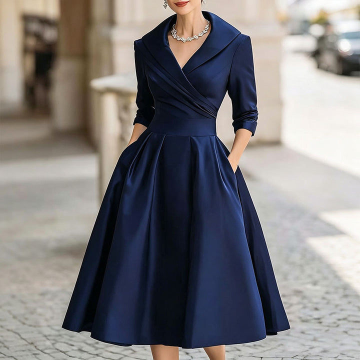 Satin Formal Wrap Long Sleeve A Line Midi Dress