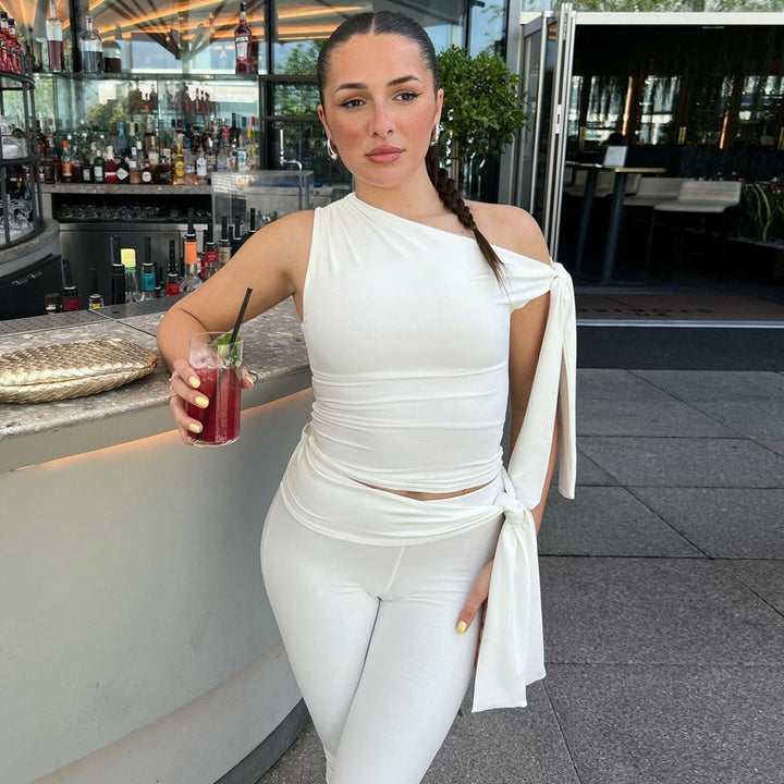 One-Shoulder Tie-Detail Two-Piece Set | Bodycon Crop Top &amp;amp; Capri Leggings Outfit