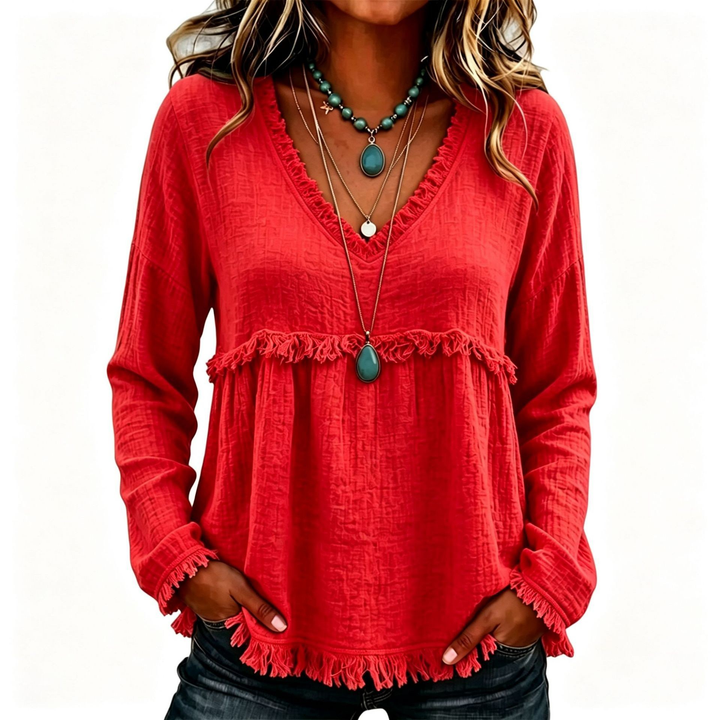 Boho Fray Trim V Neck Long Sleeve Top