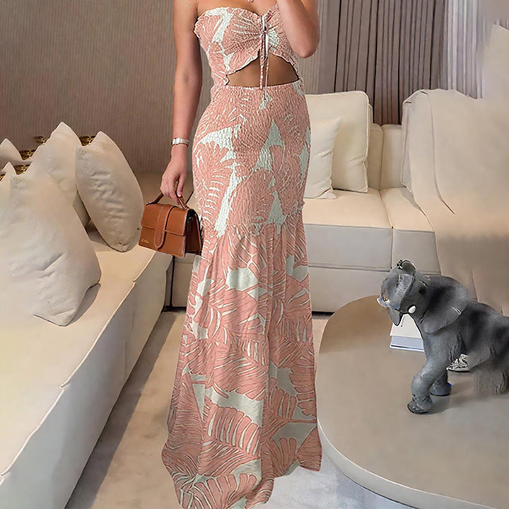 Strapless multi-colored printed pleated maxi dress
