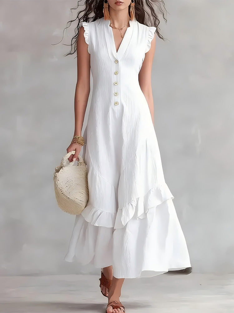 Elegant Ruffled Cotton Linen Sleeveless Dress