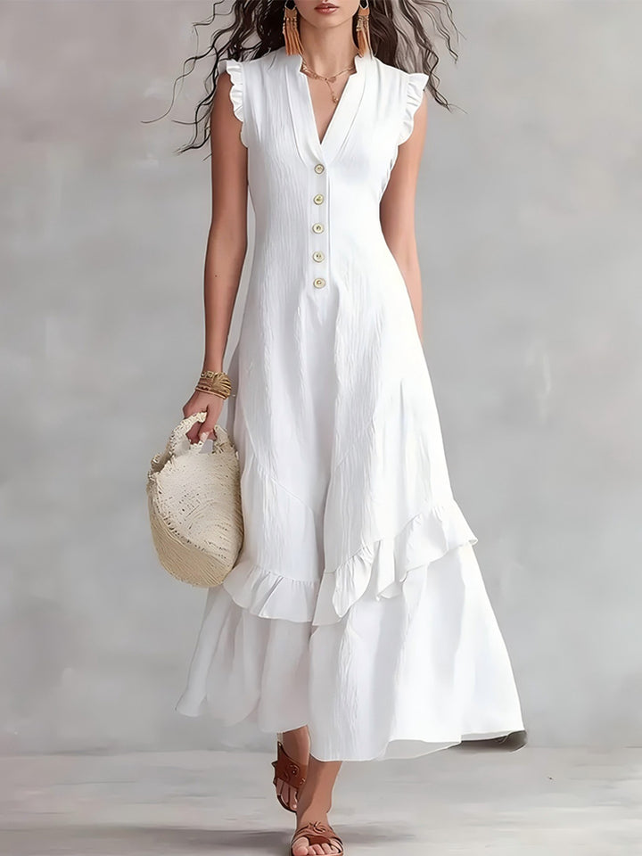 Elegant Ruffled Cotton Linen Sleeveless Dress