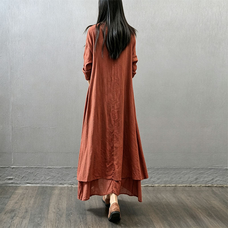 Faux-layered long-sleeved linen maxi dress
