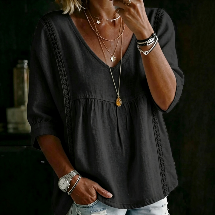 V Neck Lace Trim 3/4 Sleeve Tunic Blouse