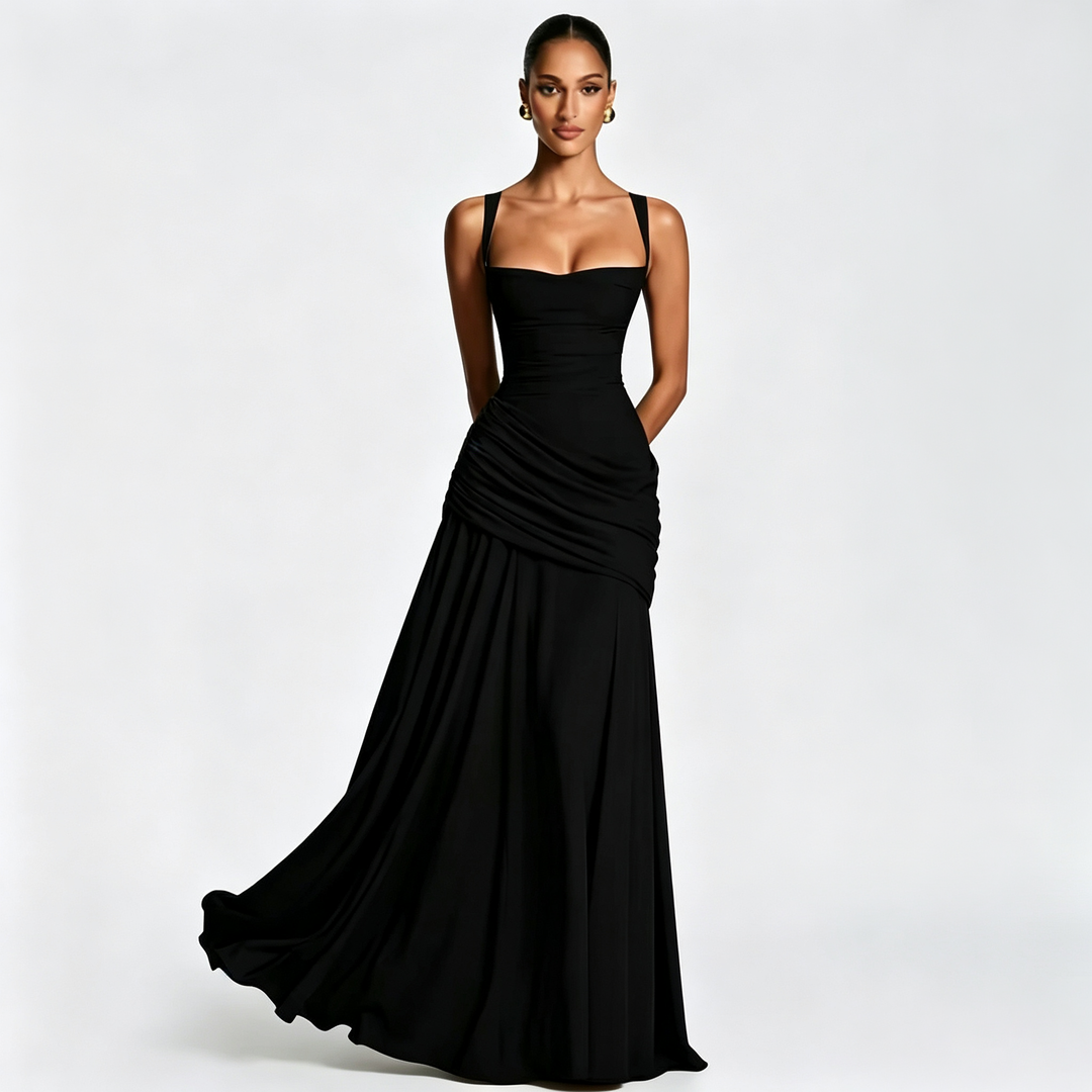 Minimalist Square Neck Ruched Waist Floor Gown
