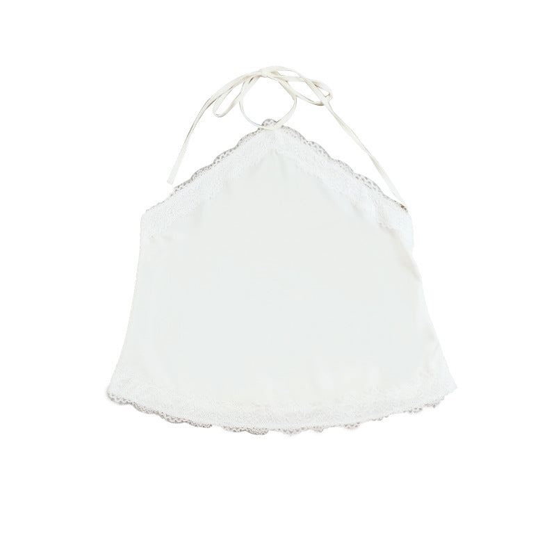 Halter Neck Satin Lace Trim Cami Top | Cream Open Back Sleeveless Blouse