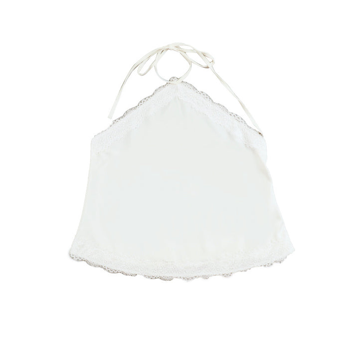 Halter Neck Satin Lace Trim Cami Top | Cream Open Back Sleeveless Blouse