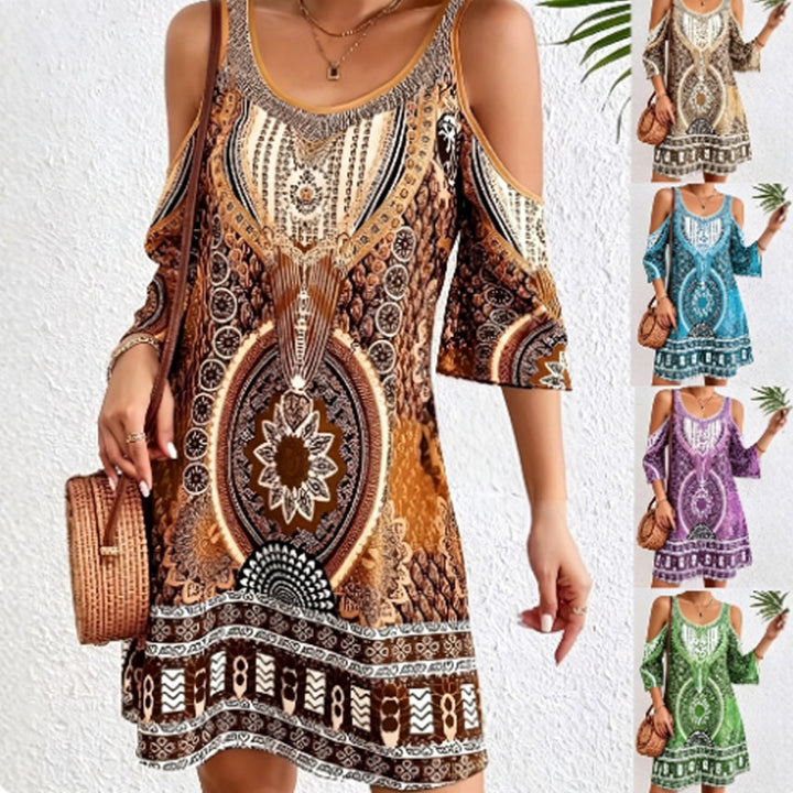 Off-shoulder short-sleeved digital print dress
