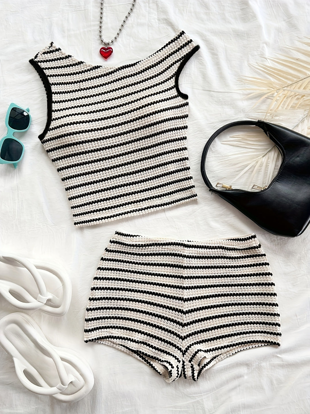 Red &amp;amp; White Striped Knit Off-Shoulder Two-Piece Romper Set