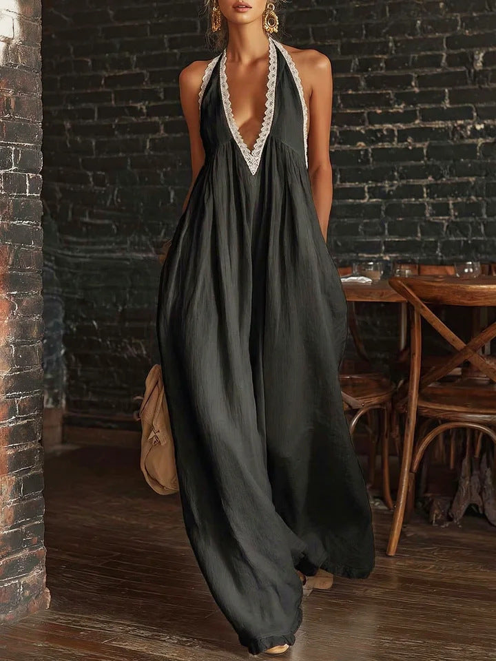 White Lace Trim Halter Deep V Wide Leg Linen Blend Jumpsuit with Side Pockets