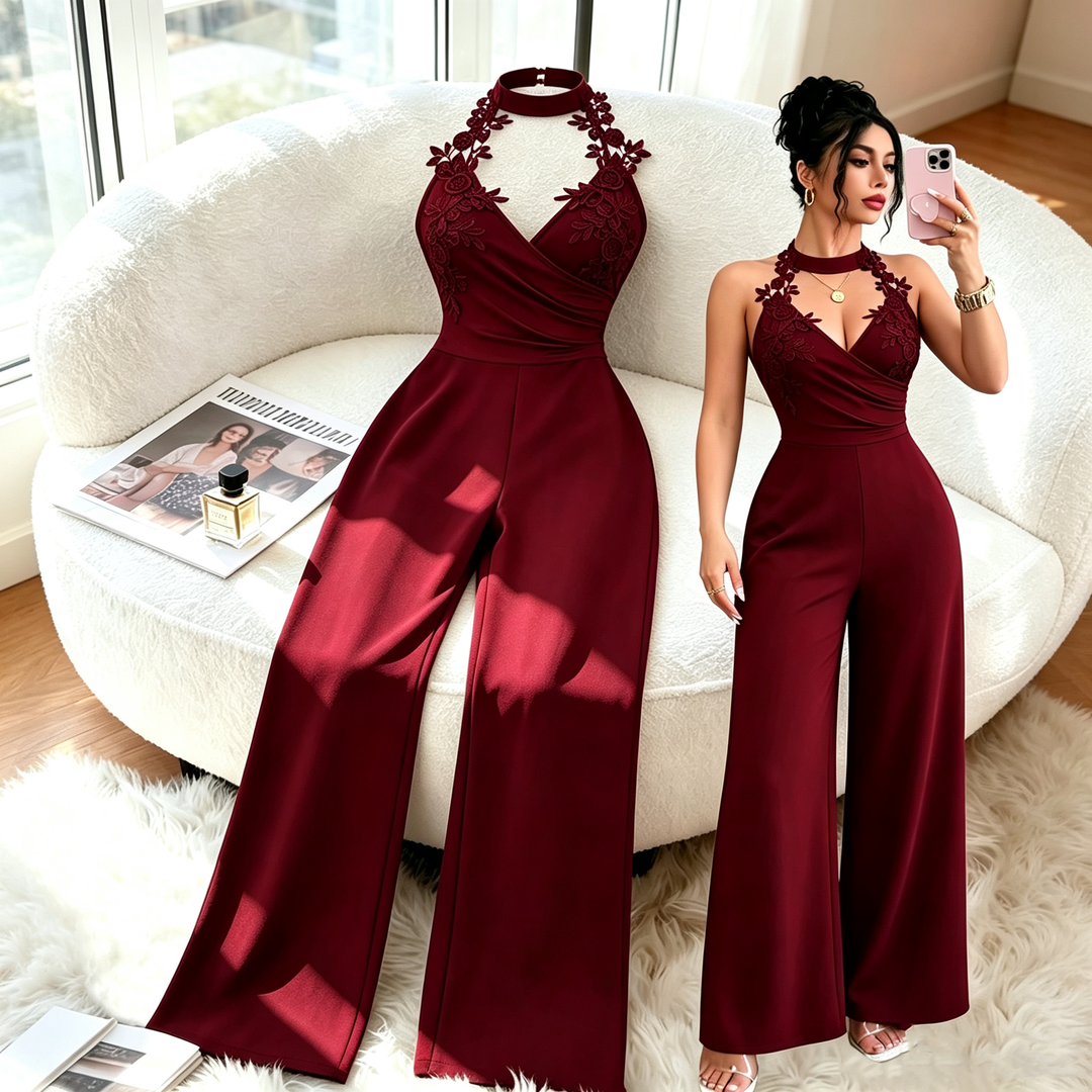 Halter Floral Lace Applique Wide Leg Jumpsuit