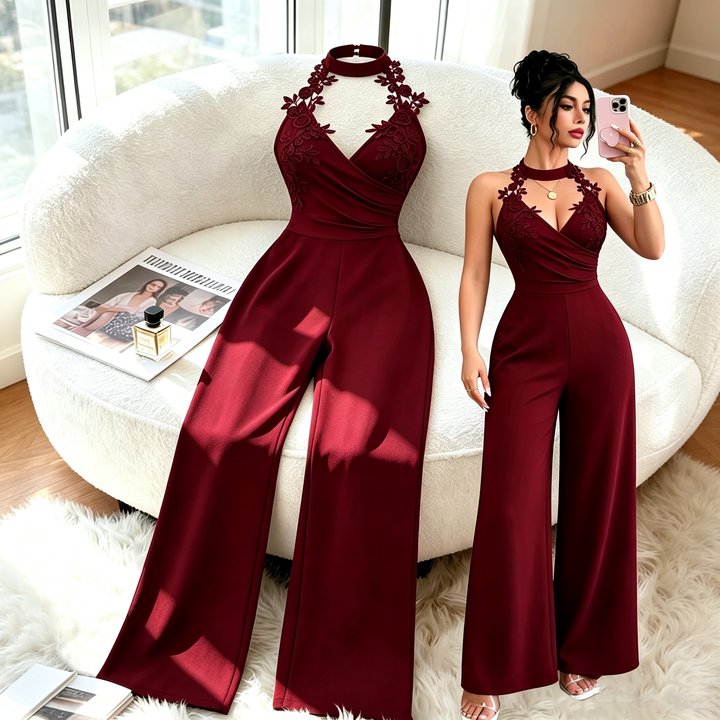 Halter Floral Lace Applique Wide Leg Jumpsuit
