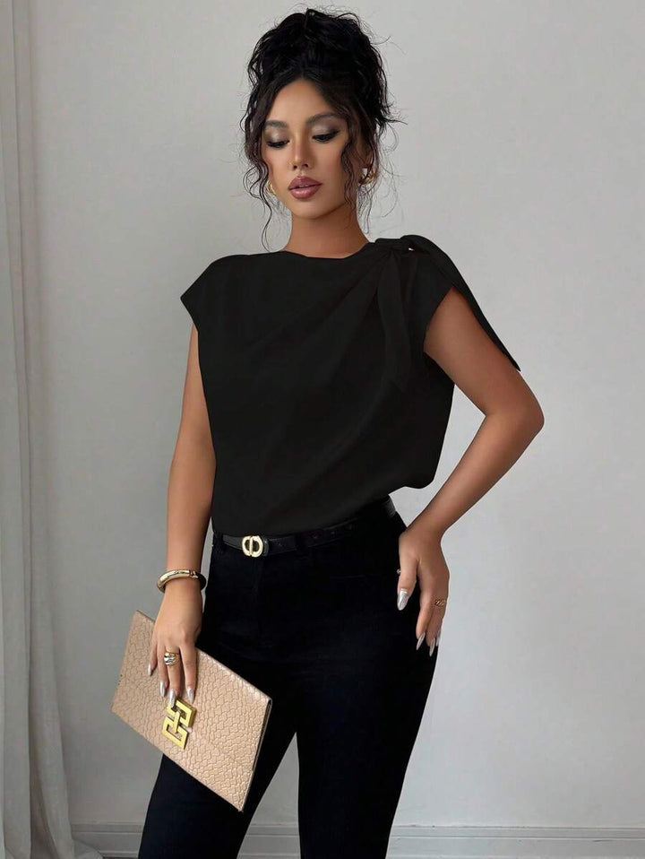 Multi-Color Asymmetrical Neck Satin Blouse with Bow Detail, Elegant Short-Sleeve Top for Women