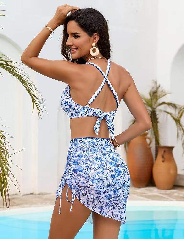 3-Piece Swimwear Set, Halter Bikini Top, High-Waisted Bottom &amp;amp; Ruched Skirt