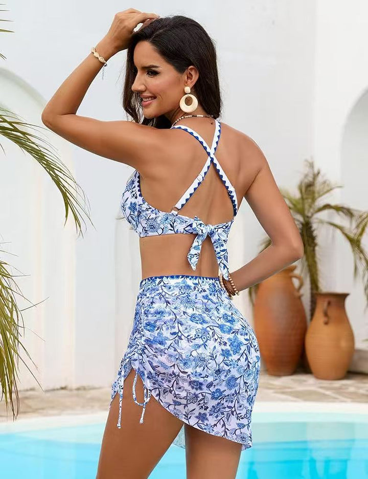 3-Piece Swimwear Set, Halter Bikini Top, High-Waisted Bottom &amp;amp; Ruched Skirt