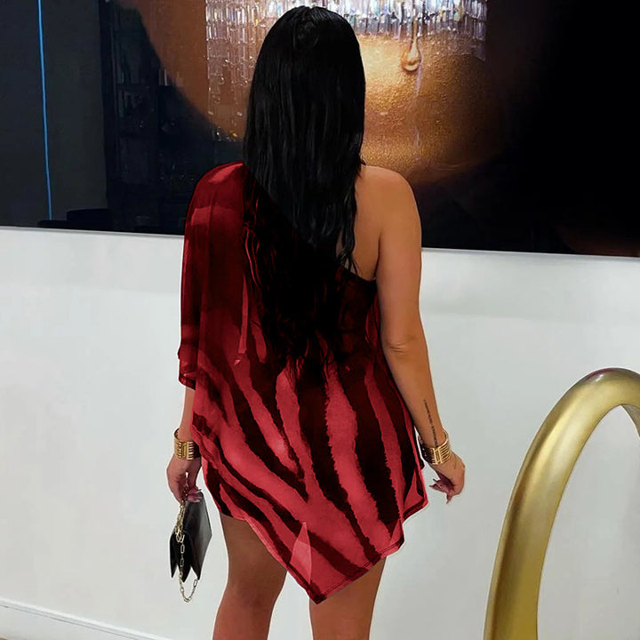 Abstract Print Mesh Off-Shoulder Two-Piece Mini Dress Set